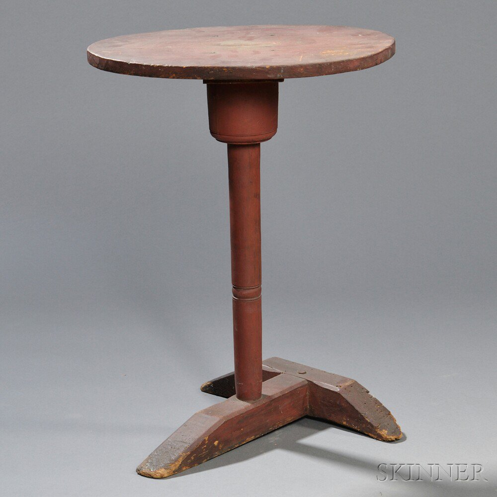 Appraisal: Red-painted T-base Candlestand New England early th century the oval