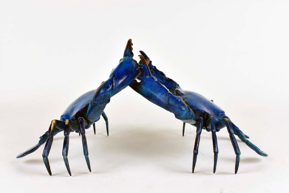 Appraisal: ENAMELED BRONZE OF TWO BATTLING CRABSModern The blue enameled opposing