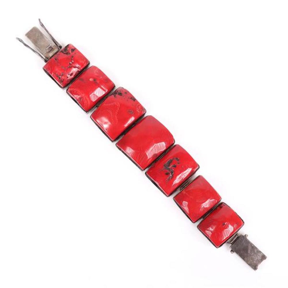 Appraisal: STERLING SILVER AND HUGE CHUNKY RAW RED CORAL LINK BRACELET