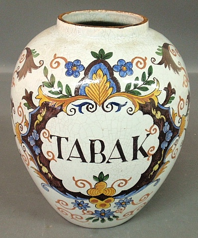 Appraisal: - Faience th c tobacco jar Tabak h x dia