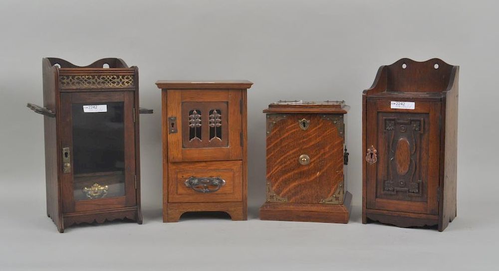 Appraisal: Group Four English Victorian Oak Tobacco Boxes with brass and