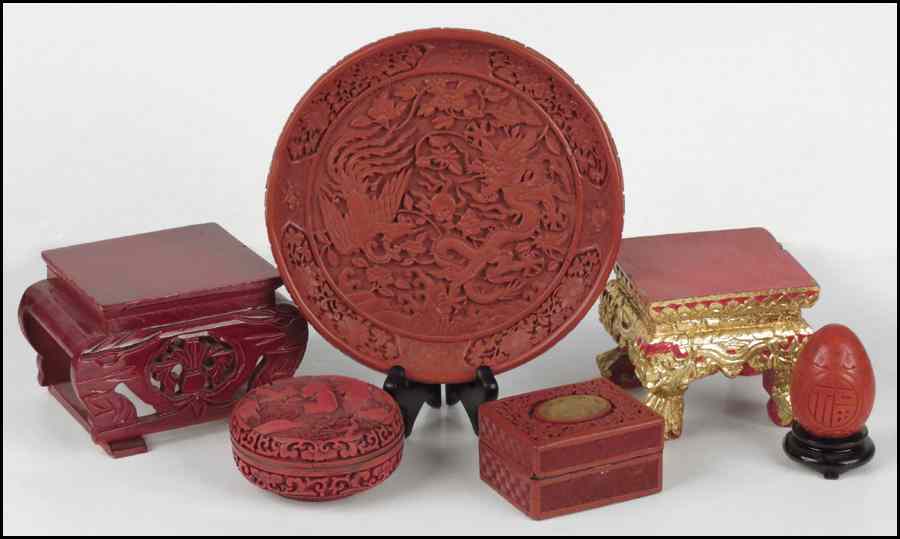 Appraisal: TWO CARVED CINNABAR BOXES Together with a cinnabar egg two