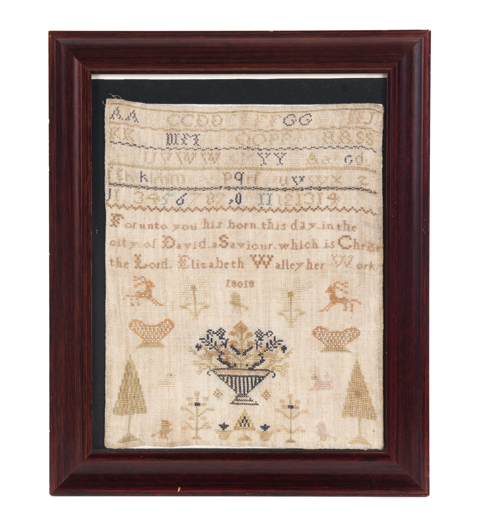 Appraisal: PENNSYLVANIA SAMPLER Silk on linen Double alphabets deer and flower