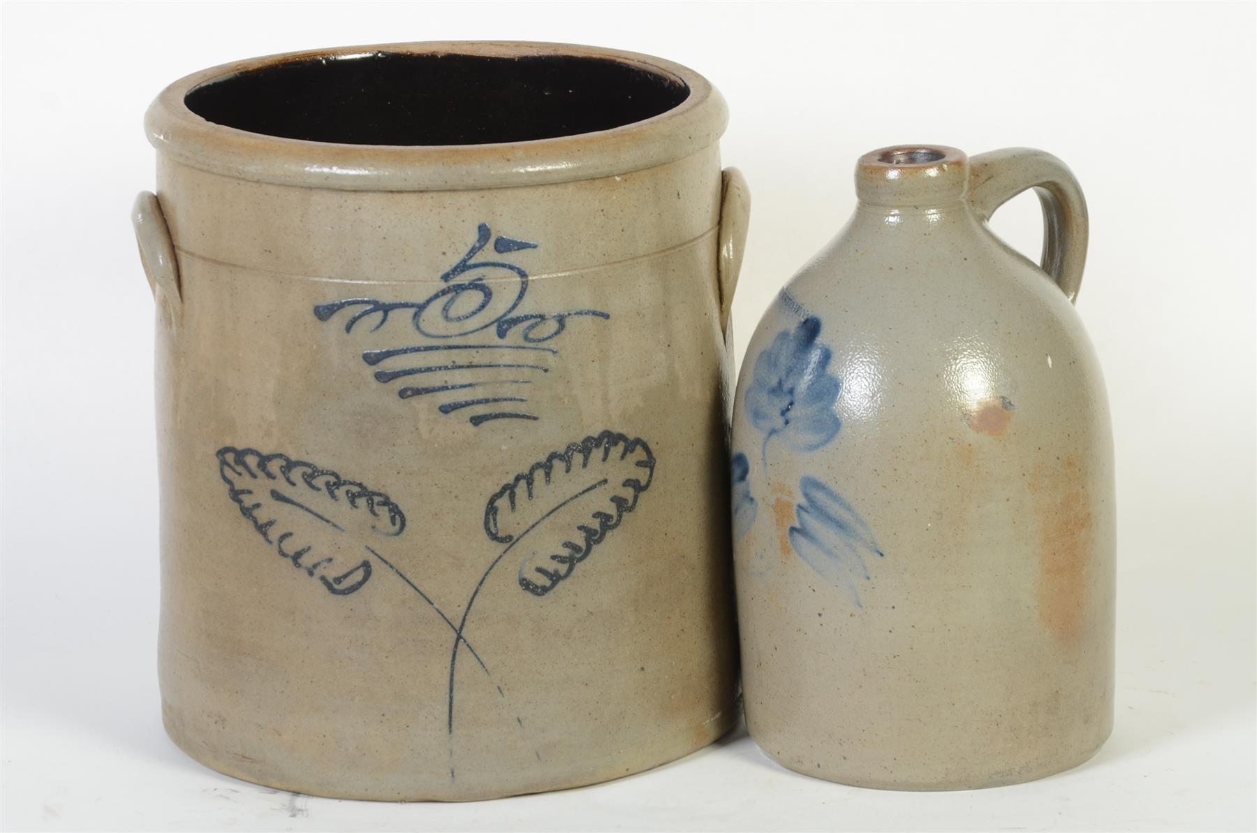 Appraisal: AMERICAN STONEWARE JUG AND CROCK Second half- th century Brushed