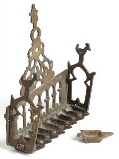 Appraisal: Antique Bronze Menorah With reticulated sides and rooster finials H