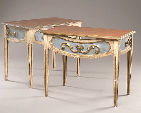 Appraisal: A pair of Neoclassical style paint decorated console tables Each