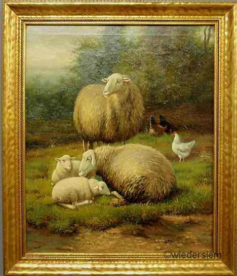 Appraisal: Oil on canvas pastoral scene of sheep and chickens th