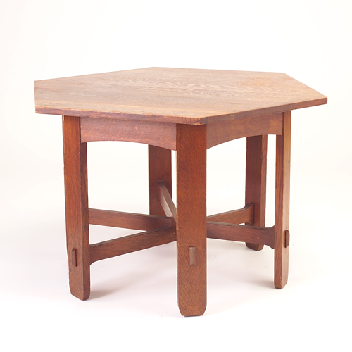 Appraisal: Arts Crafts hexagonal library table with stacked cross-stretchers original finish