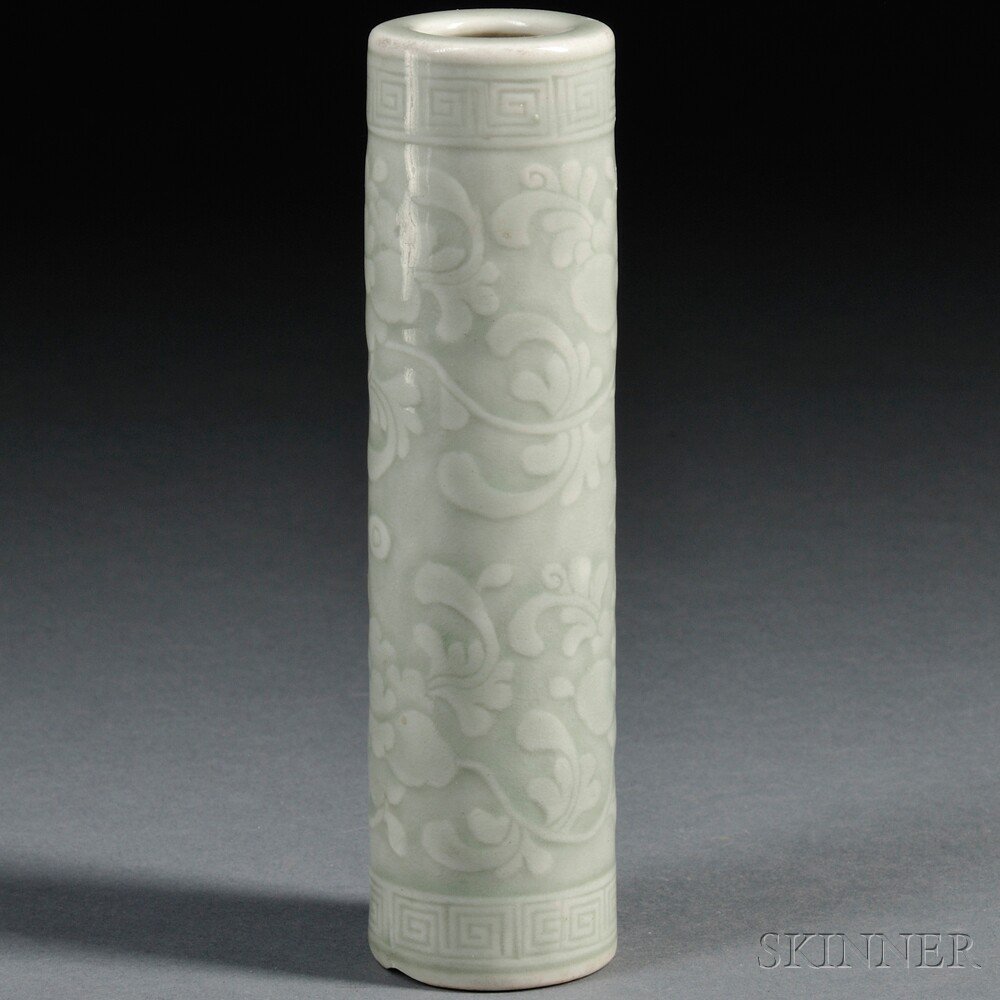 Appraisal: Celadon Vase China cylindrical with peony decorations and leiwen border