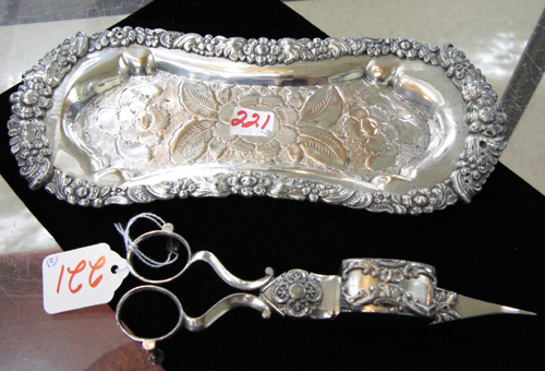 Appraisal: AN OLD ENGLISH ORNATE SILVERPLATED CANDLE TRIMMERS AND UNDERTRAY The