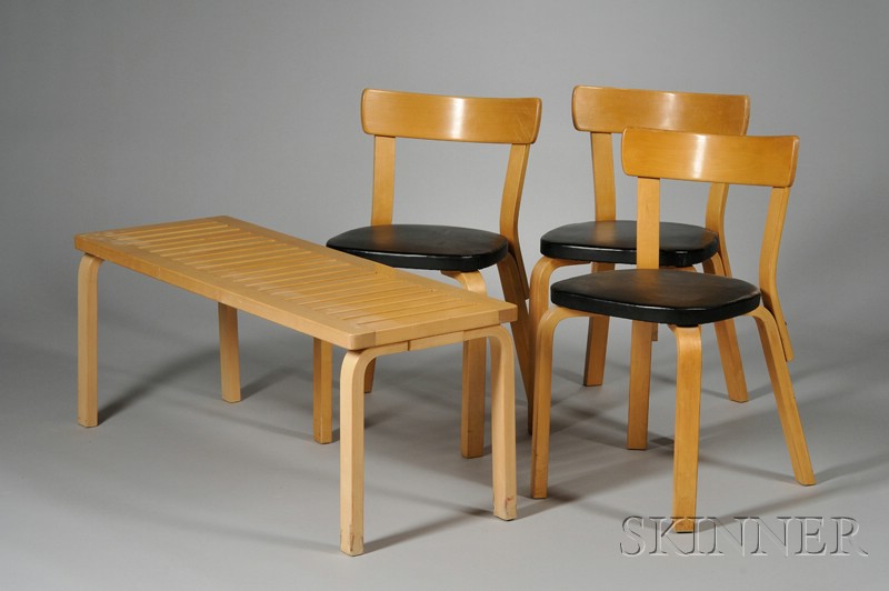 Appraisal: Alvar Aalto Bench and Three Chairs Birch Finland mid- th