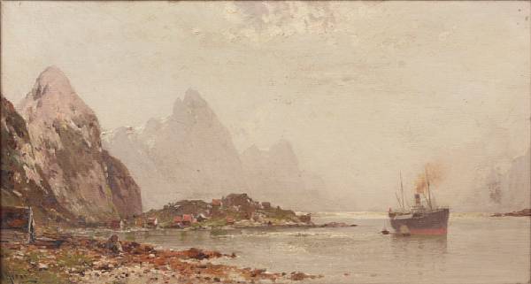 Appraisal: Walter Moras German - A village near a fjord signed