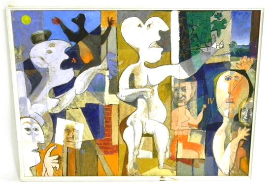 Appraisal: Abstract figural painting in the cubist style of Pablo Picasso