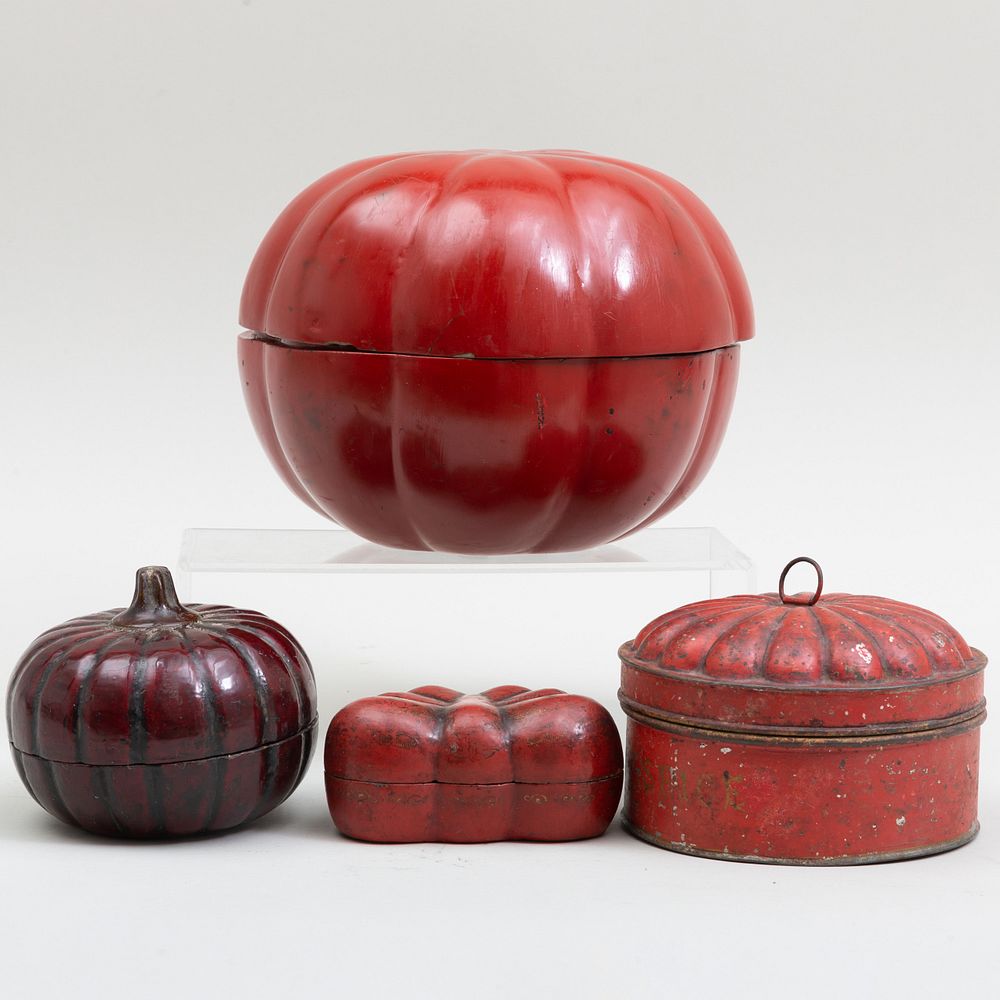 Appraisal: Three Asian Lacquer Gourd Form Boxes and a Painted Tin