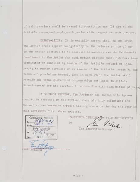 Appraisal: FRED ASTAIRE Contract signed by Astaire for Daddy Long Legs