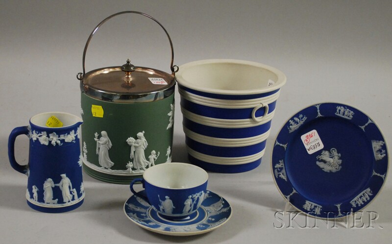 Appraisal: Six Wedgwood Jasper Dip Items a flower pot green biscuit