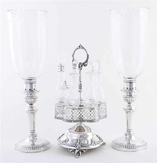 Appraisal: Pair Regency silverplate and crystal hurricane lamps and cruet set