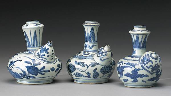 Appraisal: A group of three blue and white porcelain kendi Late