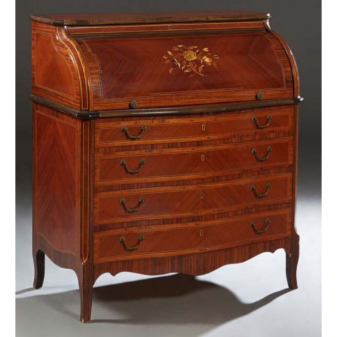 Appraisal: French Louis XV Style Marquetry Inlaid Rosewood Cylinder Desk c