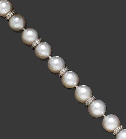 Appraisal: PEARL AND BRILLIANT-CUT DIAMOND NECKLACE ca White gold Elegant necklace