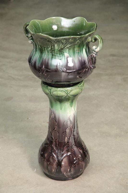 Appraisal: JARDINIERE ON STAND Possibly Ohio Purple to green with embossed