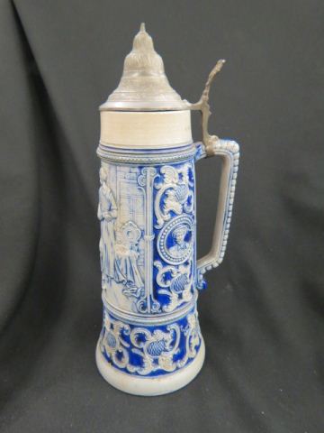 Appraisal: German Beer Stein salt glaze barmaid scene liter pewter lid