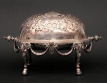 Appraisal: Large Hand-Chased Chafing Dish Hand-chased silver plate chafing dish has