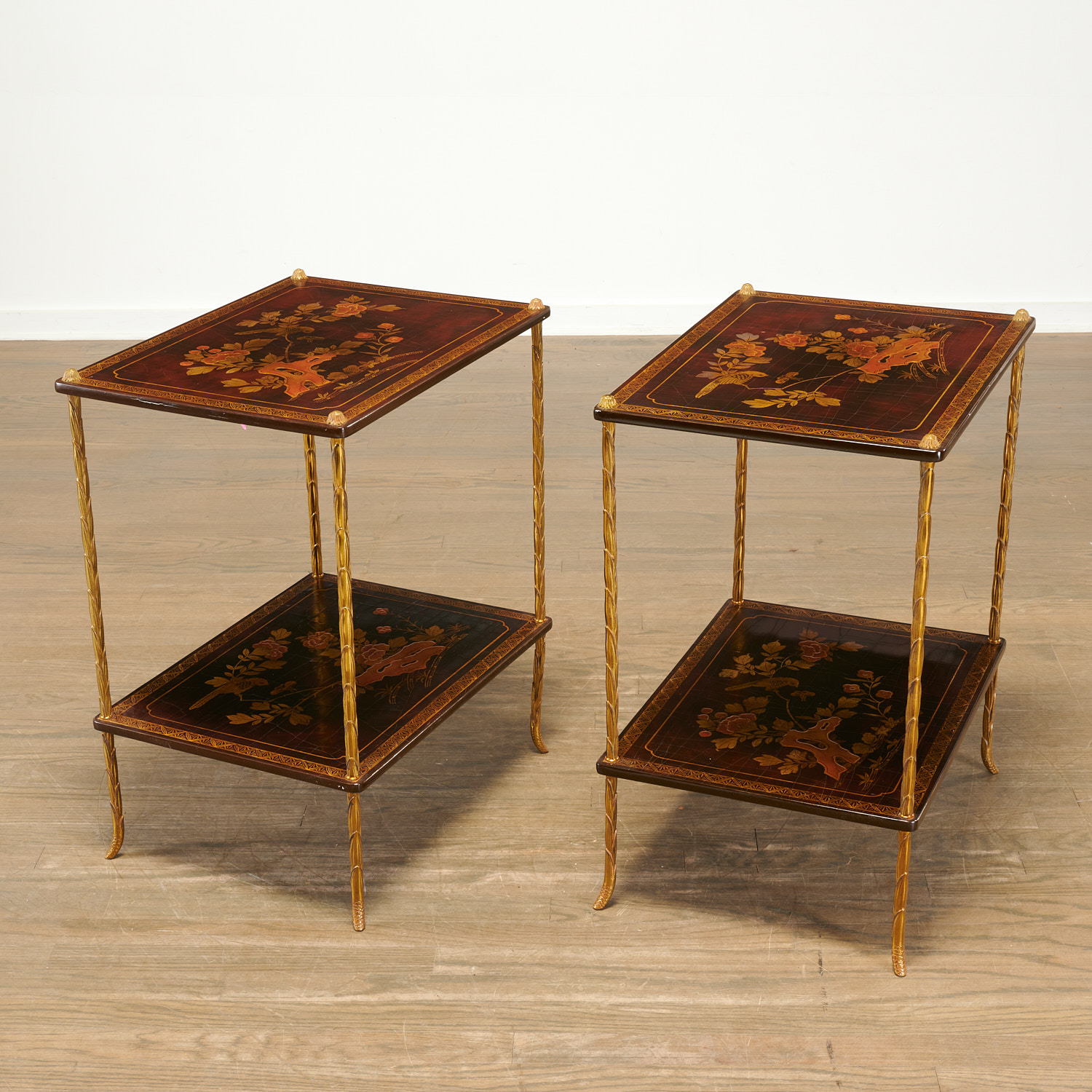 Appraisal: MAISON BAGUES PAIR TWO-TIER SIDE TABLES c s France each