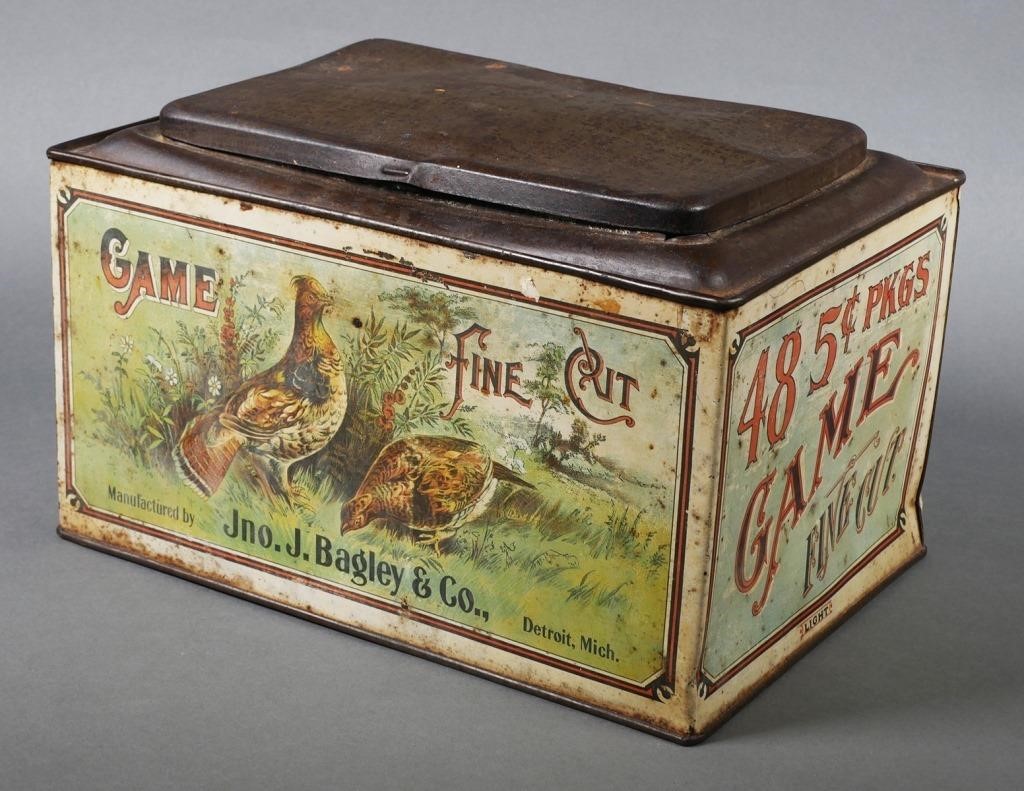 Appraisal: Vintage Game Fine Cut Tobacco bin Tin litho store display