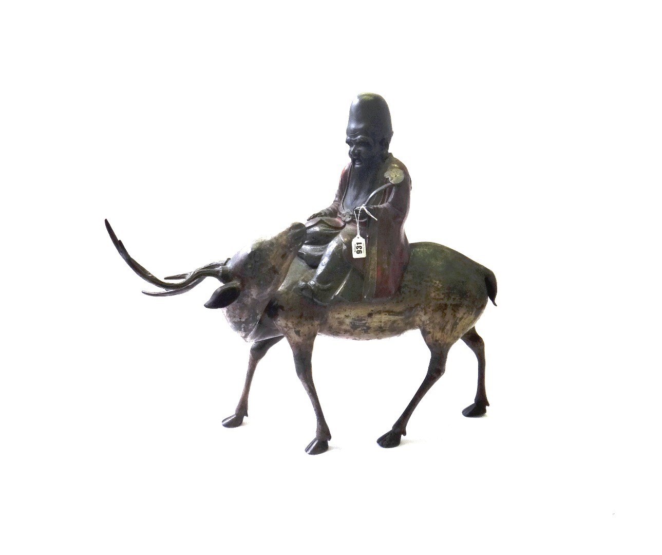 Appraisal: A polychrome painted bronze figure of a sage riding atop