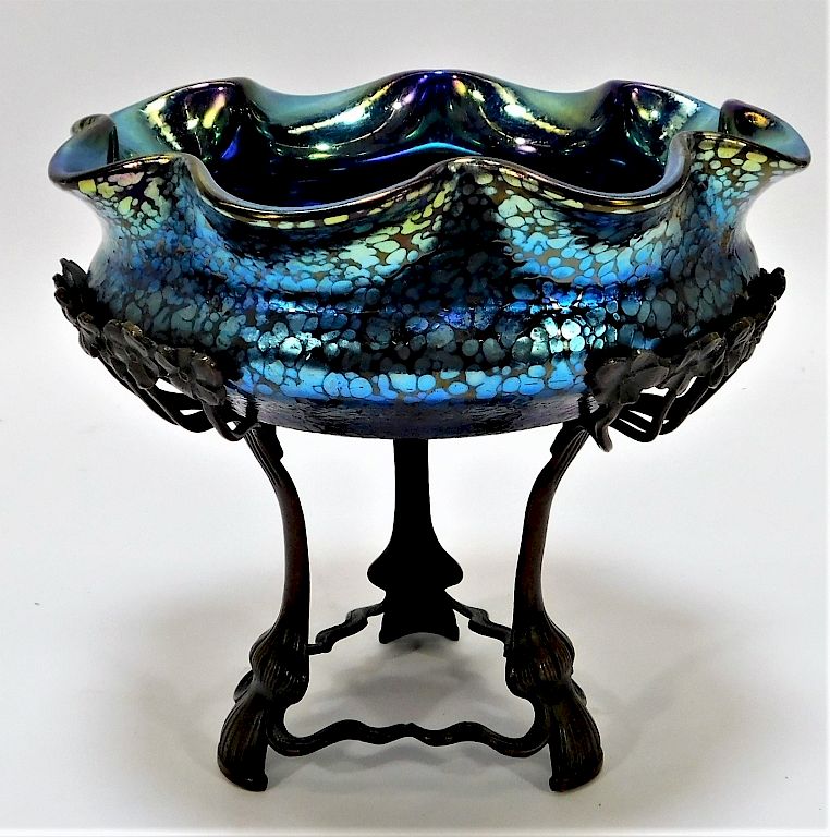 Appraisal: Blue Papillon Bohemian Art Glass Compote Blue Papillon Bohemian Art