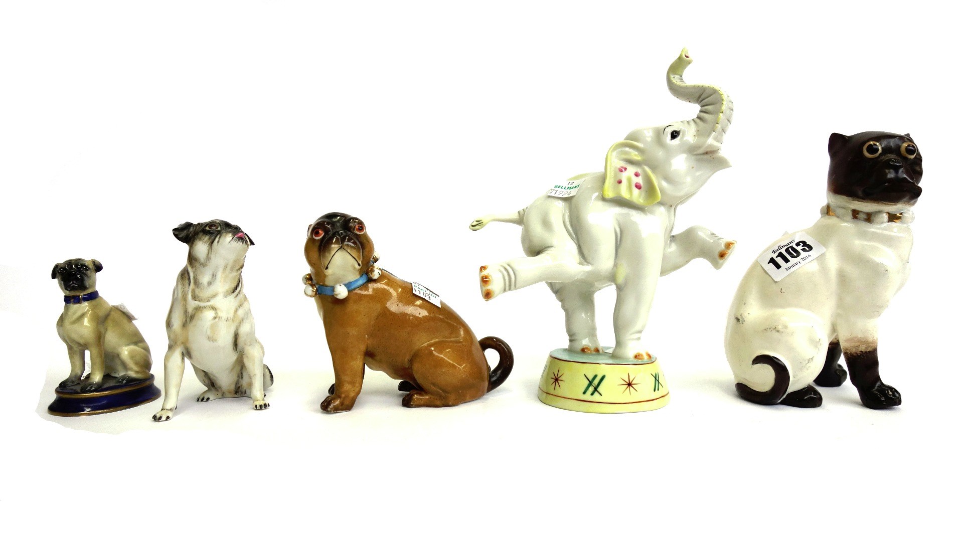 Appraisal: Four Continental porcelain models of pug dogs and a Nymphenburg