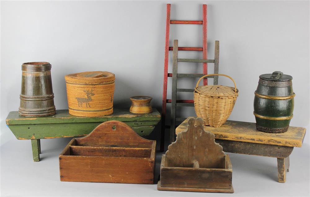 Appraisal: GROUP OF ASSORTED WOOD HOUSEHOLD ITEMS AND TWO BASKETS including