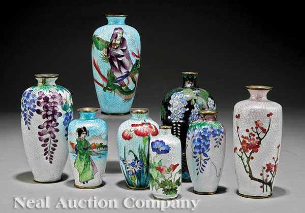 Appraisal: A Group of Eight Japanese Cloisonn Enamel and Embossed Foil