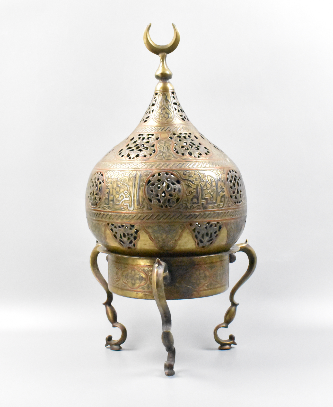 Appraisal: Persian copper censer w silver inlay th C globular shaped