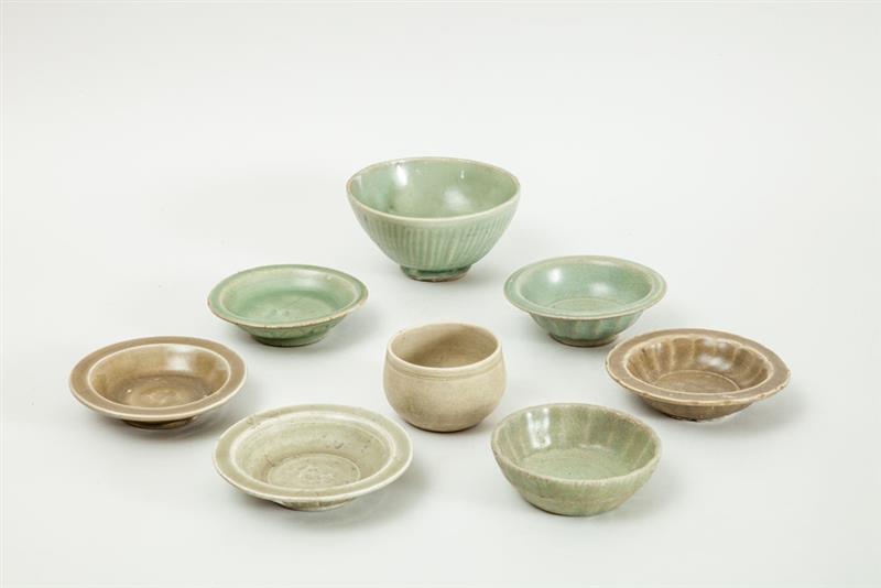 Appraisal: GROUP OF EIGHT LONGQUAN STYLE CELADON-GLAZED SMALL ARTICLES Comprising three