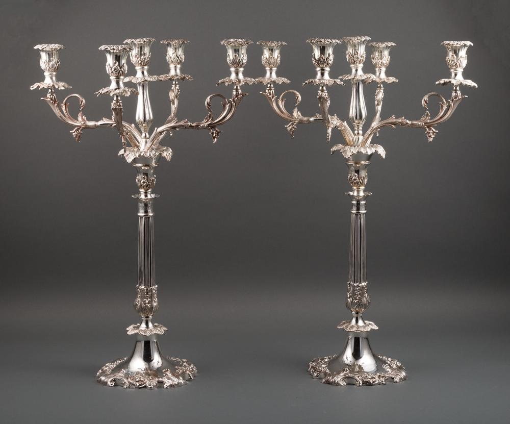 Appraisal: Pair of Monumental Rococo-Style Five-Light Silverplate Candelabra marked ROYAL CASTLE