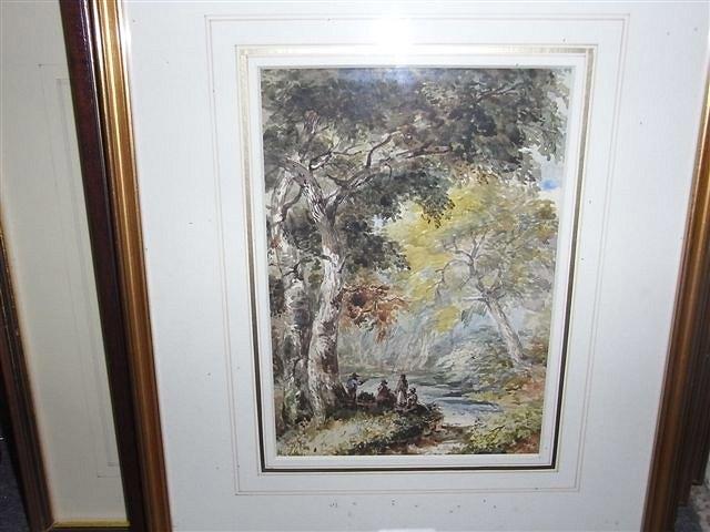 Appraisal: VICTORIAN SCHOOLFigures by a wooded stream watercolour x together with