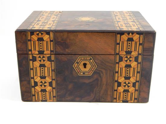 Appraisal: th C wooden jewelry box with multicolored hexagonal pinwheel and