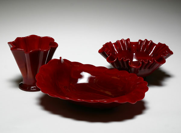 Appraisal: Fenton red slag glass vase and bowls Vase H Good