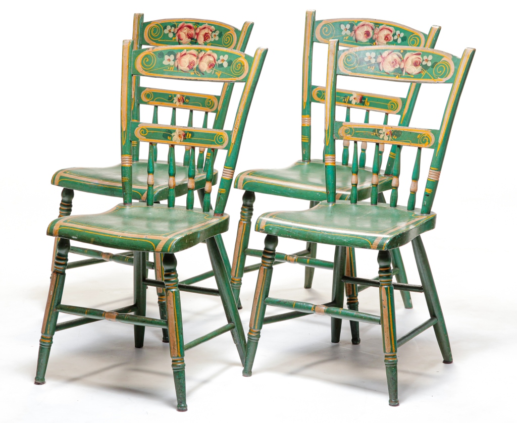 Appraisal: FOUR AMERICAN DECORATED SIDE CHAIRS Mid th century mixed woods