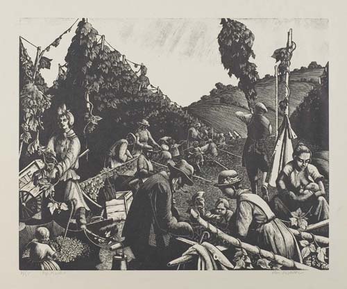 Appraisal: CLARE LEIGHTON Hop Pickers Wood engraving x mm x inches