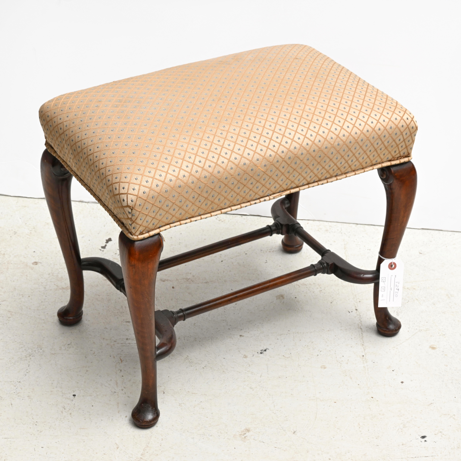 Appraisal: QUEEN ANNE STYLE UPHOLSTERED STOOL th c with slight cabriole