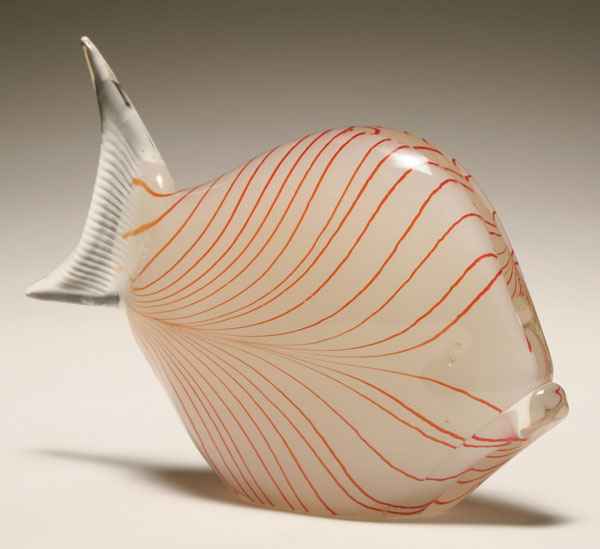 Appraisal: Murano white glass fish with orange striping Paper label H