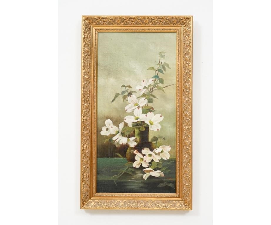 Appraisal: Oil on canvas still life of dogwoods in bloom initials