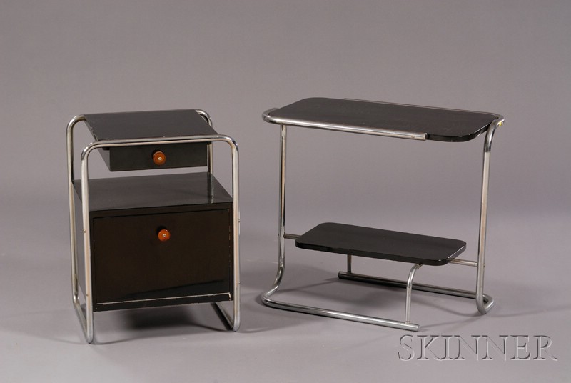 Appraisal: Two Modernist Tables Chrome plated metal and wood After designs