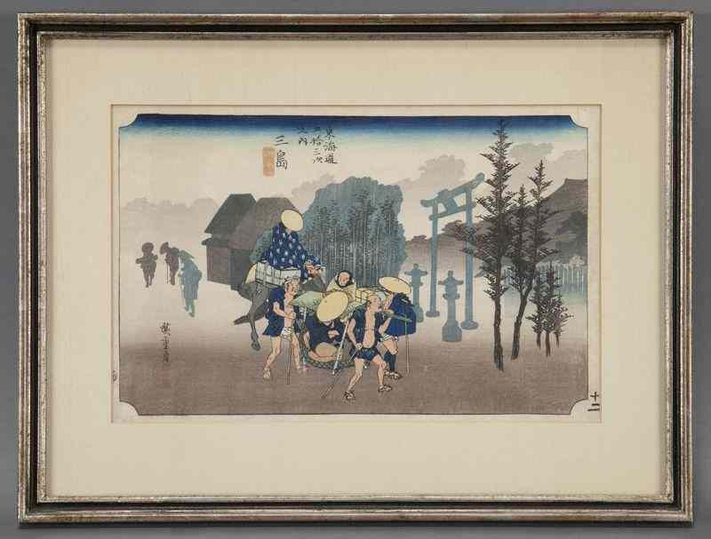 Appraisal: Ando Hiroshige ''Travelers at Mishima in morningmist'' woodblock print from