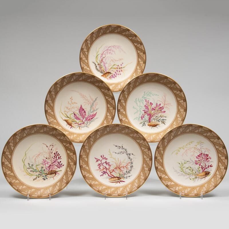 Appraisal: Set of Six Worcester Porcelain Coral Decorated Plates Gilt marks