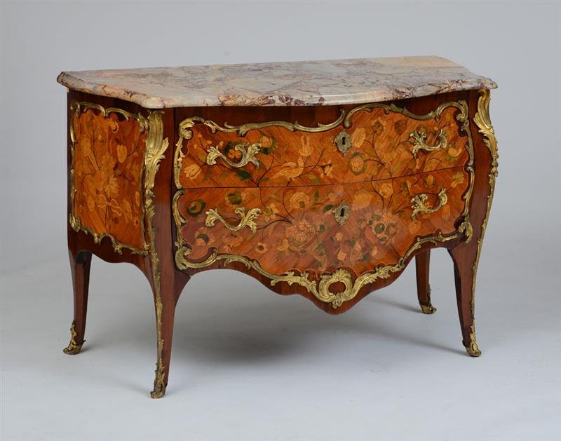 Appraisal: LOUIS XV ORMOLU-MOUNTED KINGWOOD TULIPWOOD AND FRUITWOOD MARQUETRY COMMODE STAMPED