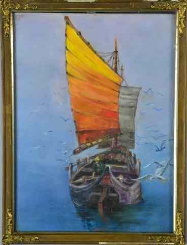 Appraisal: CHINA TRADE OIL ON MESSONITEFrontal depiction of Chinese junk with